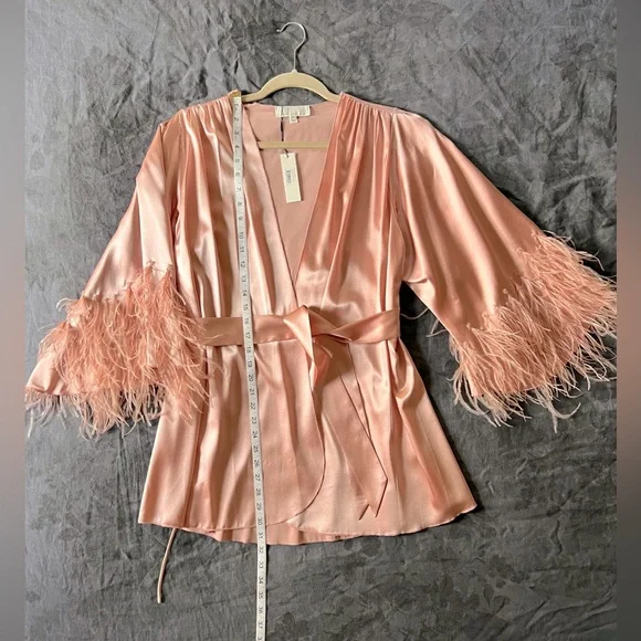 Fleur du Mal FEATHER EMBELLISHED ANGEL SLEEVE ROBE -M/L - Rose Pink NWT